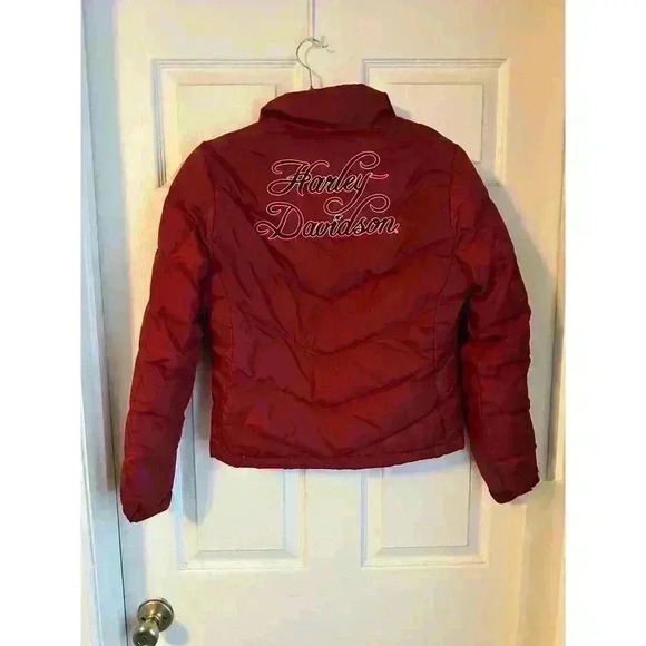 Womens Red Harley Davidson Puffer Jacket Coat Duck Down Feather Size S - Picture 1 of 7